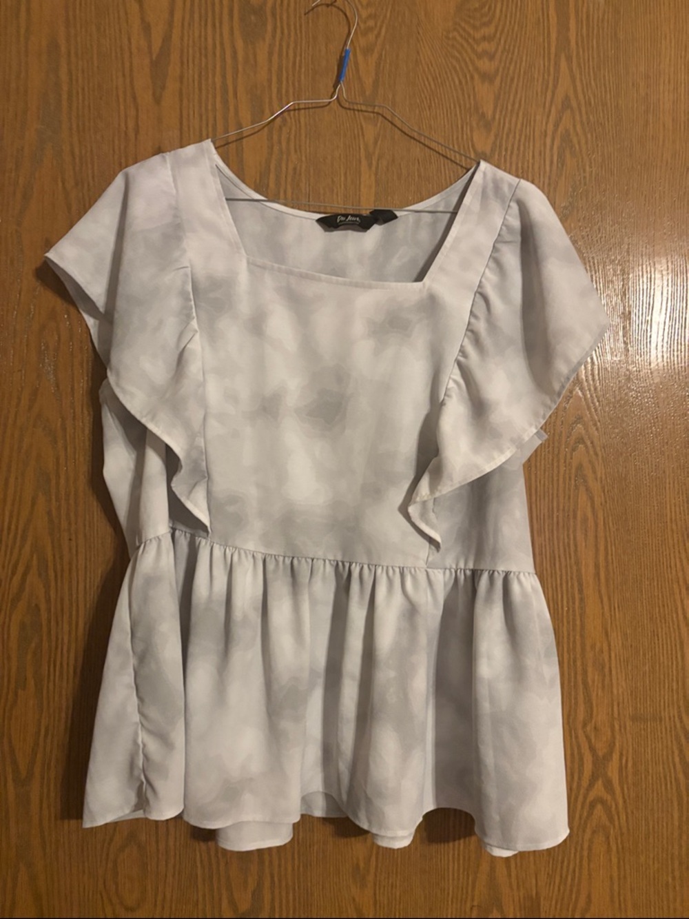 Du Jour Light Gray Watercolor Peplum Ruffle Top